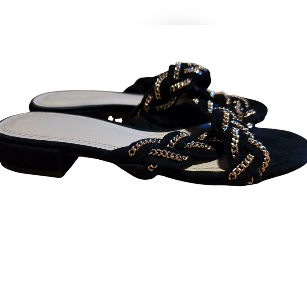 Sandro Chiara Suede Gold Chain Braided Black Slides Size 6.5 View 3